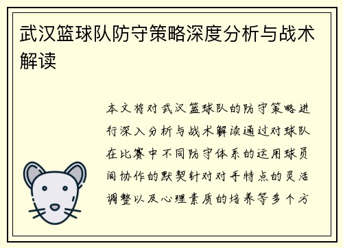 武汉篮球队防守策略深度分析与战术解读